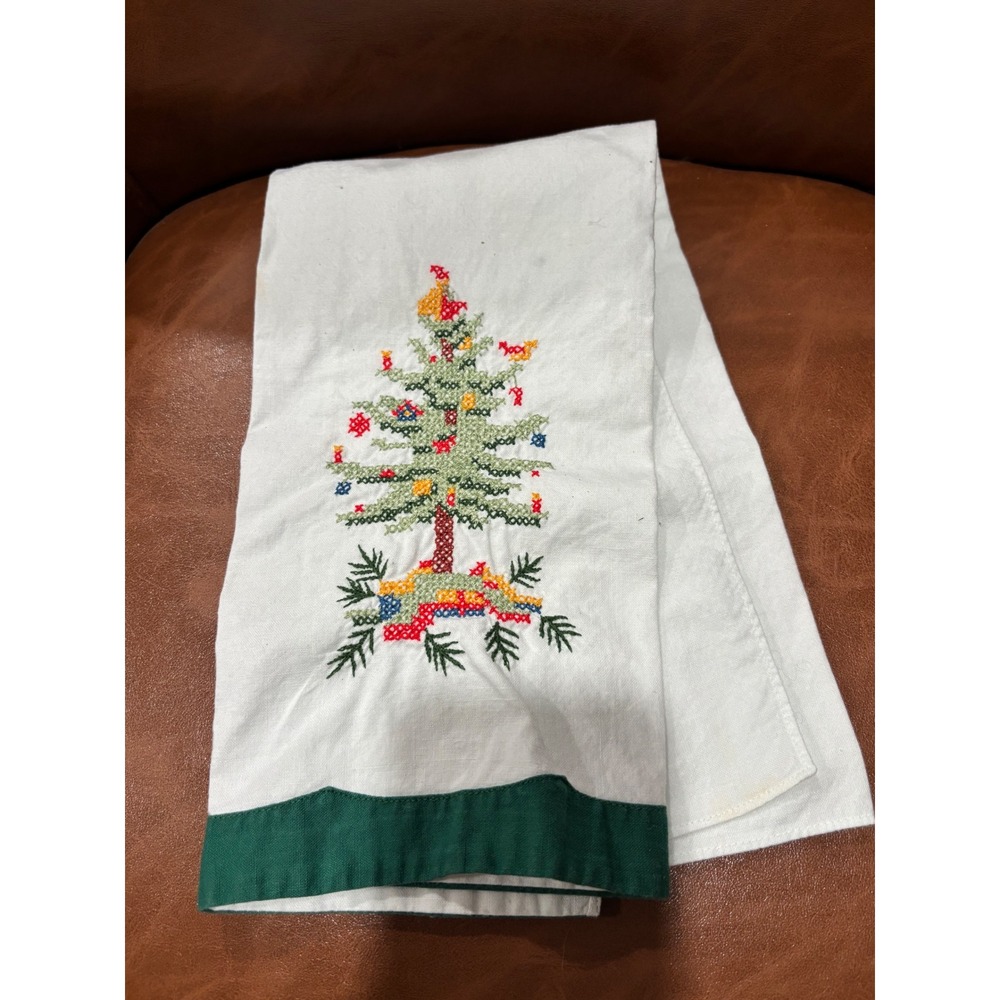 Vintage Christmas Tree Cross Stitch Kitchen Hand Towel White Green Border